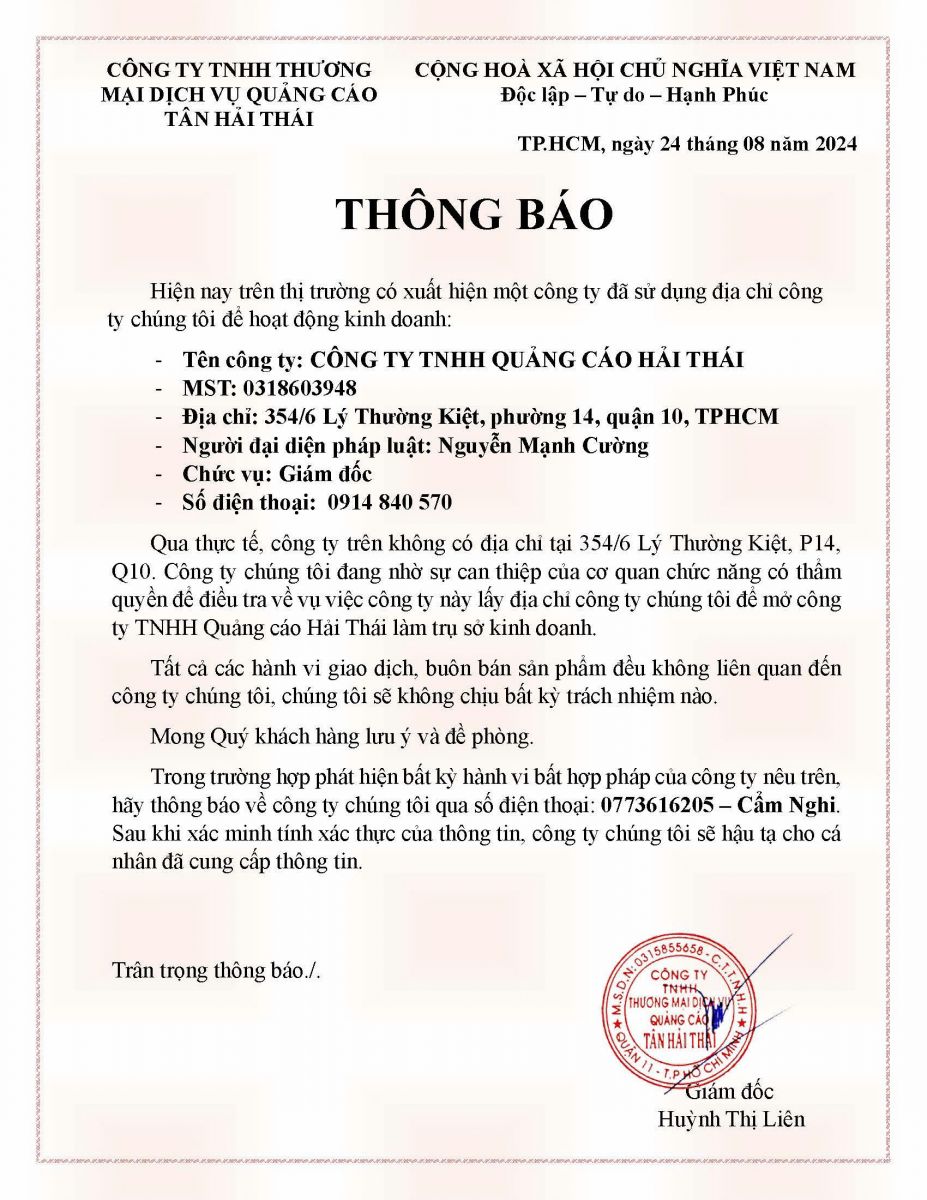 thông báo khẩn cấp cảnh báo đối tượng giả mạo công ty quảng cáo tân hải thái